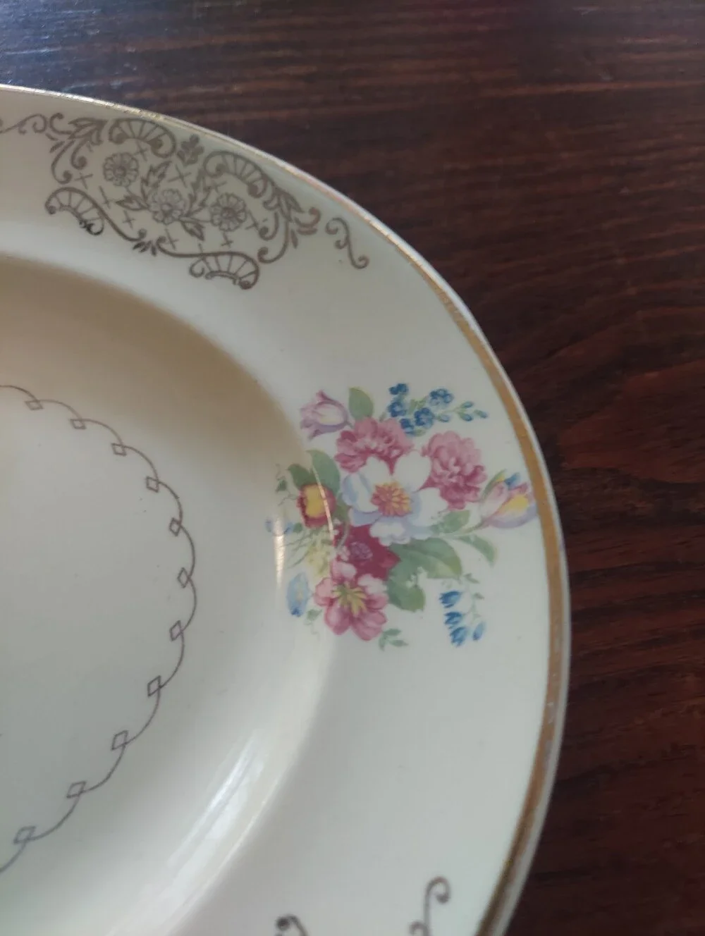 Cream Porcelain Floral Serving Platter with Gold Trim